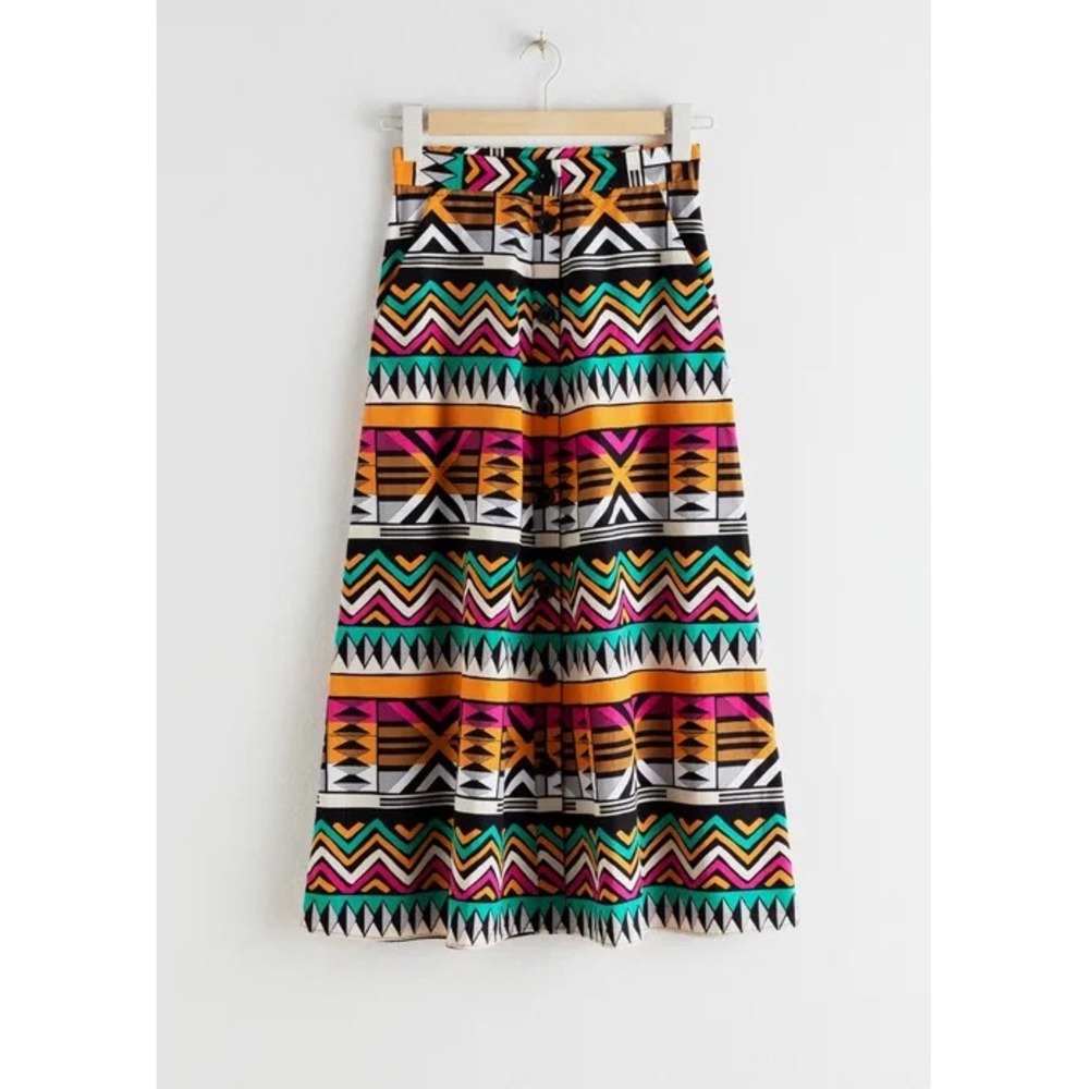 & Other Stories Geometric Aztec Zig Zag Print Graphic A-Line Cotton Midi Skirt 8
